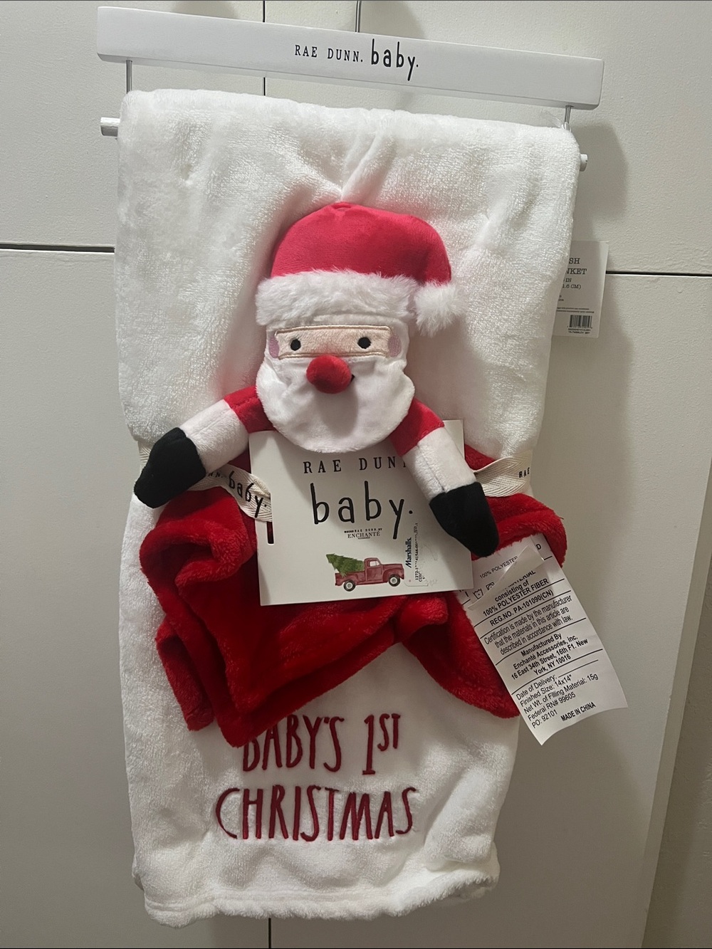 Rae Dunn Baby White and Red Santa Hooded Baby Towel